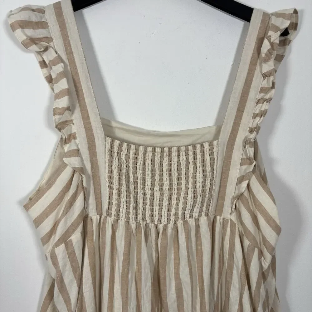 Draper James Smocked Striped Tan White Linen 3X Mini Dress Peasant Milk Maid - Picture 7 of 9